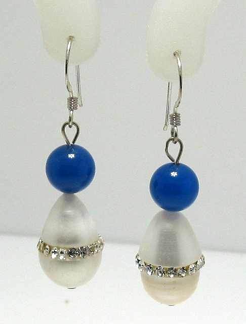 10X16MM Freshwater Crystal Pearl & Blue Bead Earrings, Silver French Wires
