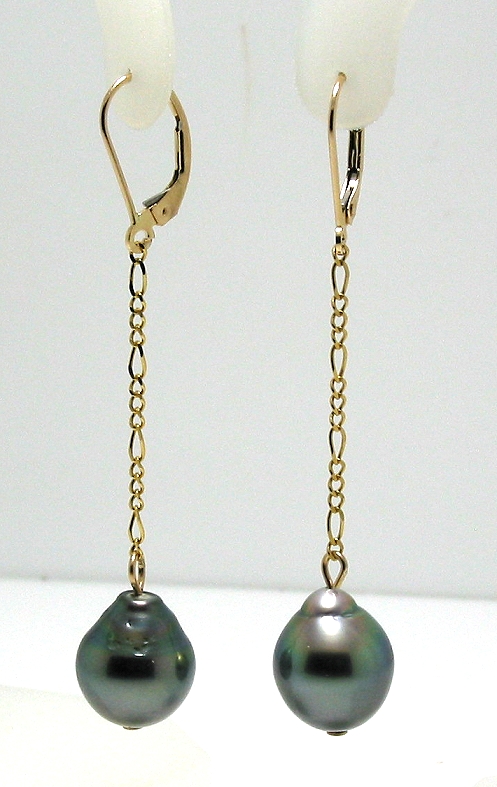 11.2X12.7MM Dark Gray Tahitian Pearl Long Drop Earrings, 14K Yellow Gold