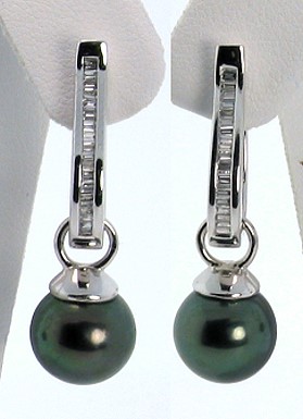 9.44MM Peacock Tahitian Pearl Diamond Hinged Earrings 0.22CT 14K Gold