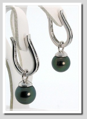 9.44MM Peacock Tahitian Pearl Diamond Hinged Earrings 0.22CT 14K Gold