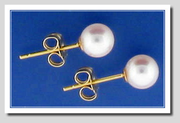 AAA 6-6.5MM White Japanese Akoya Cultured Pearl Earring Studs, 18K Yellow Gold