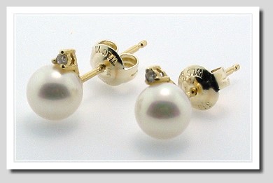 AA+ 6-6.5MM White Akoya Pearl Diamond Studs, 14K Yellow Gold Special