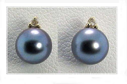 AA+ 6-6.5MM Black Akoya Pearl Diamond Earring Studs 14K Yellow Gold