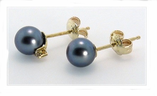 AA+ 6-6.5MM Black Akoya Pearl Diamond Earring Studs 14K Yellow Gold