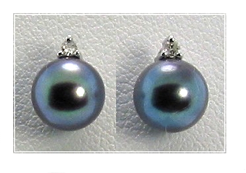 AA+ 6-6.5MM Black Akoya Pearl Diamond Earring Studs 14K White Gold