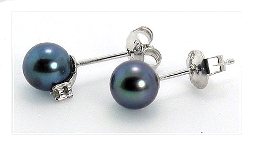AA+ 6-6.5MM Black Akoya Pearl Diamond Earring Studs 14K White Gold