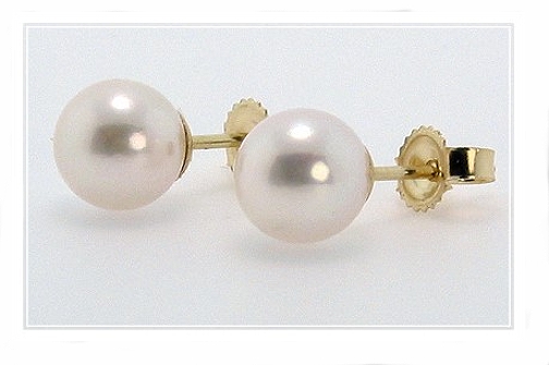 AA+ 7-7.5MM Akoya Pearl Earring Studs 14K Yellow Gold