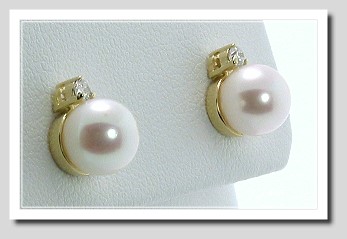AA+ 7-7.5MM Akoya Pearl Diamond Earring Studs 14K Yellow Gold