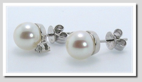 AA+ 7-7.5MM Akoya Pearl Diamond Earring Studs 14K White Gold