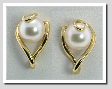 AAA 7.5-8MM White Akoya Cultured Pearl Earrings, 14K Yellow Gold