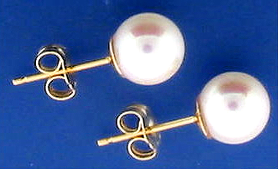 AAA 7.5-8MM White Japanese Akoya Cultured Pearl Earring Studs, 18K Yellow Gold