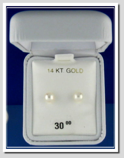 6.5-7MM White Freshwater Round Cultured Pearl Earring Studs 14K Yellow Gold