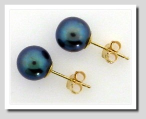 7.5-7.9MM Black Freshwater Pearl Earring Studs, 14K Yellow Gold