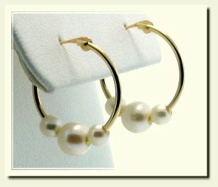 Triple Pearl Hoop Earrings 14K Yellow Gold