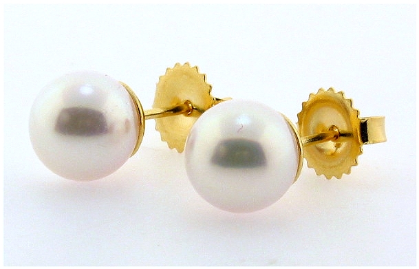 AAA Grade 8-8.5MM White Akoya Cultured Pearl Earring Studs, 18K Yellow Gold 