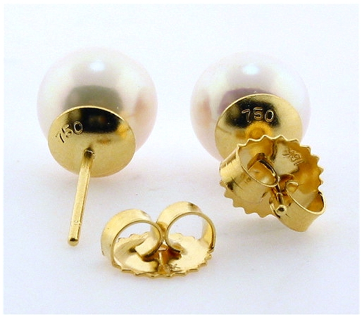 AAA Grade 8-8.5MM White Akoya Cultured Pearl Earring Studs, 18K Yellow Gold 