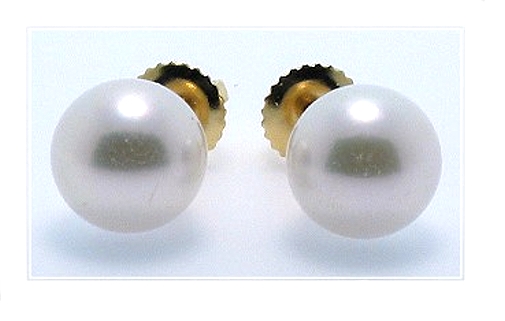 AAA Grade 8-8.5MM White Akoya Pearl Earring Studs 14K Yellow Gold Screw On 