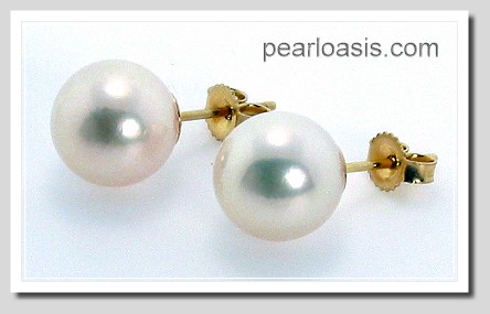 AAA 9.5MM White Japanese Akoya Pearl Earring Studs 14K Yellow Gold