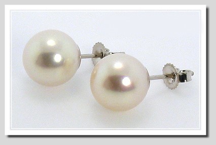 AAA 9.5MM White Japanese Akoya Pearl Earring Studs 14K White Gold