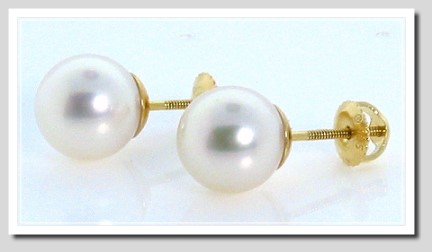 AAA Grade 9-9.5MM White Akoya Pearl Earring Studs 14K Screw On 