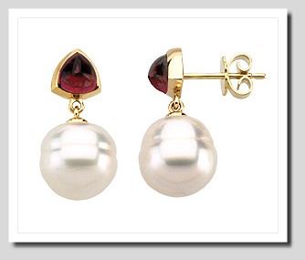 11MM South Sea Pearl w/ Garnet Rhodolite Post Earrings 14K Gold