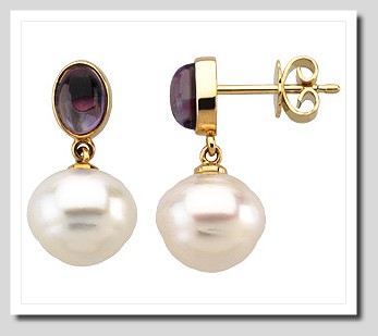 11MM South Sea Pearl w/ Amethyst Post Earrings 14K Gold