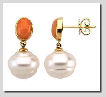 11MM South Sea Pearl w/ Coral Post Earrings 14K Gold