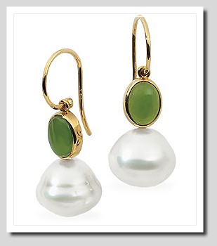 11MM South Sea Pearl w/ Jade French Wire Earrings 14K Gold