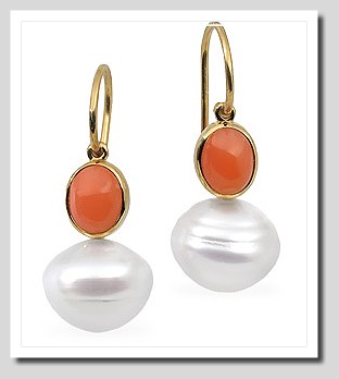 11MM South Sea Pearl w/ Coral French Wire Earrings 14K Gold