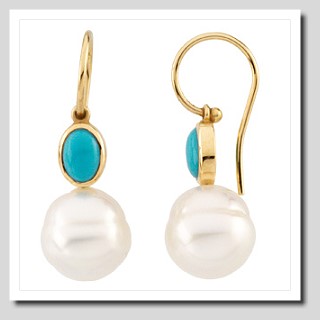 11MM South Sea Pearl with Turquoise French Wire Earrings 14K Gold