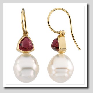 11MM South Sea Pearl w/ Garnet Rhodolite French Wire Earrings 14K Gold