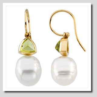 11MM South Sea Pearl w/ Peridot French Wire Earrings 14K Gold