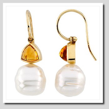 11MM South Sea Pearl w/ Citrine French Wire Earrings 14K Gold