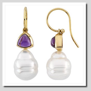 11MM South Sea Pearl w/ Amethyst French Wire Earrings 14K Gold