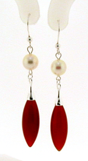 7-7.5MM White Akoya Pearl & Red Quartz Dangle Earrings, Silver