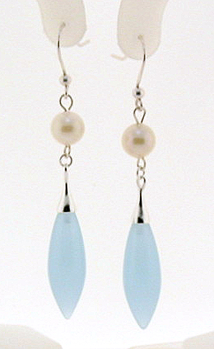 7-7.5MM White Akoya Pearl & Light Blue Quartz Dangle Earrings, Silver