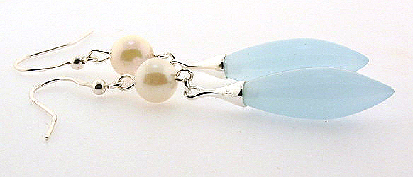 7-7.5MM White Akoya Pearl & Light Blue Quartz Dangle Earrings, Silver