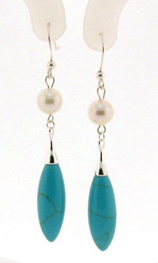 7-7.5MM White Akoya Pearl & Turquoise Dangle Earrings, Silver