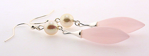 7-7.5MM White Akoya Pearl & Pink Rose Quartz Dangle Earrings, Silver