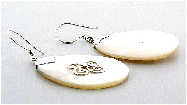 Designer Mother Of Pearl Dangle Earrings, Silver, 1.8in Long