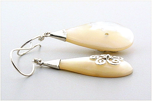 Designer Mother Of Pearl Dangle Drop Earrings, Silver, 1.6in Long