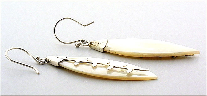 Designer Mother Of Pearl Dangle Earrings, Silver, 2.2in Long