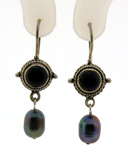 Black Onyx & Black Pearl Dangle Earrings, Sterling Silver, 1.3in Long