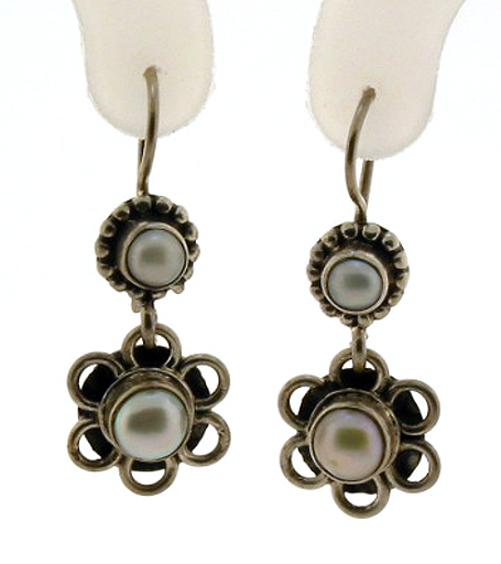 Multi Pearl Dangle Earrings, Floral Style, Sterling Silver, 1.2in Long