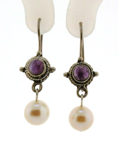 Amethyst & White Pearl Dangle Earrings, Sterling Silver, 1.3in Long