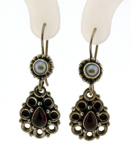 Garnet & Pearl Dangle Earrings, Sterling Silver, 1.4in Long
