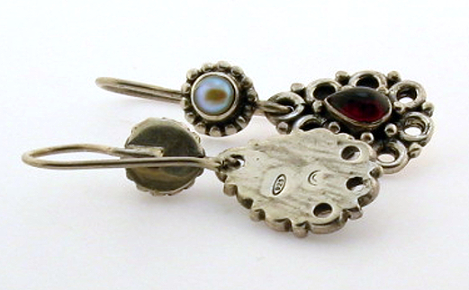 Garnet & Pearl Dangle Earrings, Sterling Silver, 1.4in Long