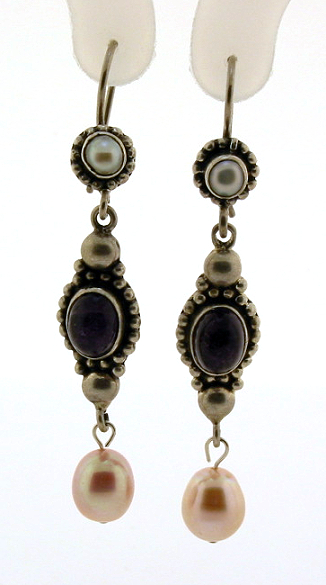 Amethyst & Multi Pearl Dangle Earrings, Sterling Silver, 2in Long