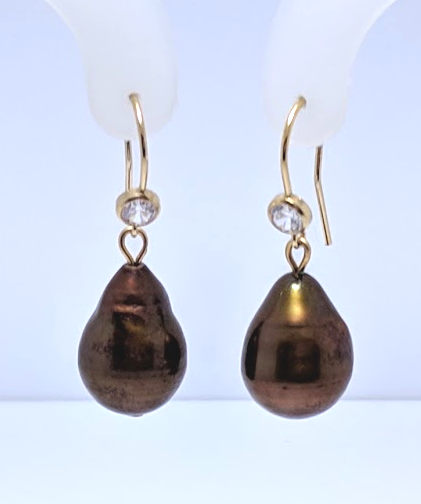 11X16MM Chocolate Freshwater Pearl & CZ Dangle Earrings, Gold Plated on Silver Silver