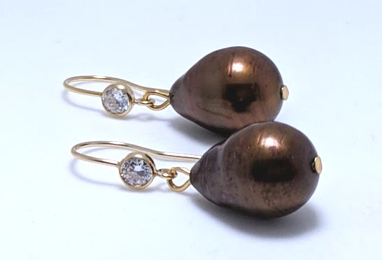 11X16MM Chocolate Freshwater Pearl & CZ Dangle Earrings, Gold Plated on Silver Silver